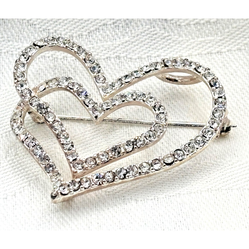 Intertwined Double Heart Brooch Silver Tone Clear Rhinestones Love‎ Pin Bridal